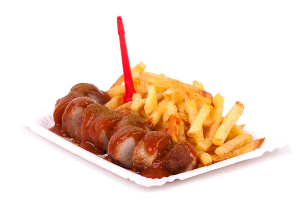 Curried sausage and chips — Stock Photo, Image