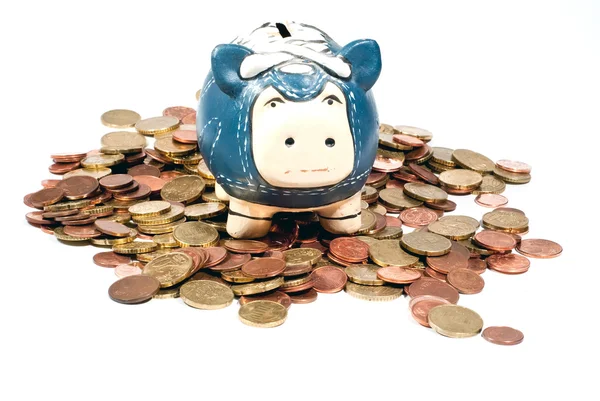 Niebieski piggy bank w monety v2 — Zdjęcie stockowe