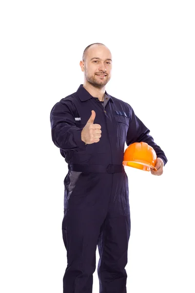 Porträt des Baumeisters mit Visitenkarte auf weißem Hintergrund — Stockfoto