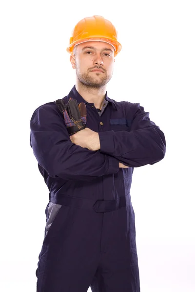 Porträt des Baumeisters mit Handschuhen auf weißem Hintergrund — Stockfoto