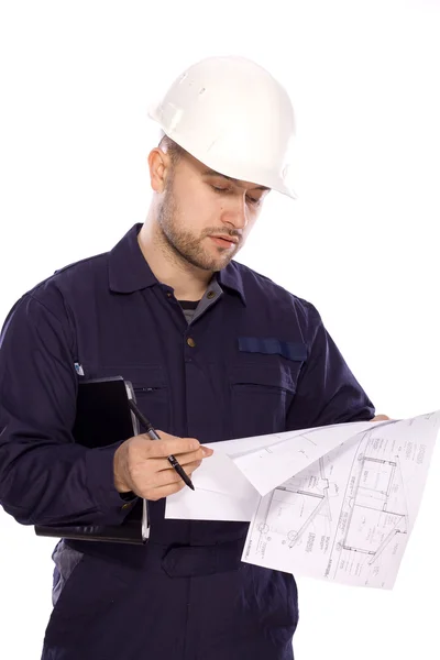 Portret van een bouwer in een witte helm op een witte achtergrond — Stockfoto