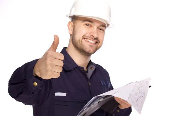 Portrait of a builder in a white helmet on a white background — Stock Photo, Image