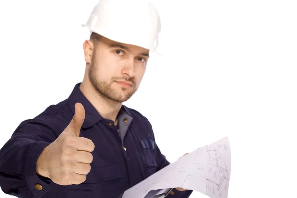 Retrato de un constructor con casco blanco sobre fondo blanco — Foto de Stock