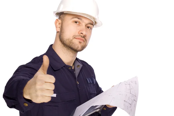 Portrait of a builder in a white helmet on a white background — Stock Photo, Image