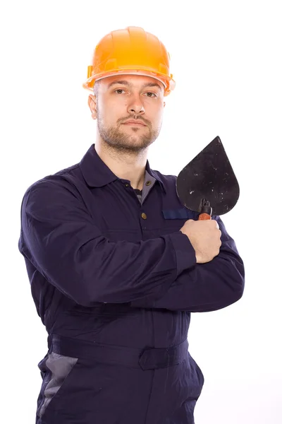 Traço de um jovem construtor com as ferramentas — Fotografia de Stock
