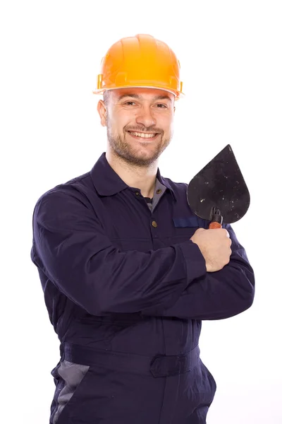 Merkmal eines jungen Bauunternehmers mit den Werkzeugen — Stockfoto