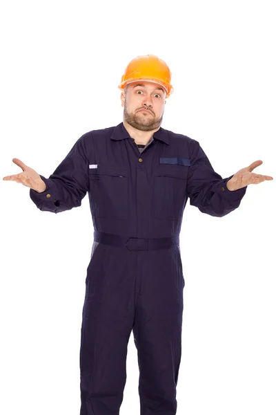 Funny portrait of a builder on a white background — Stock Photo, Image