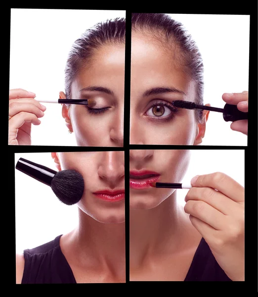 Vele handen toe te passen make-up op het gezicht van een vrouw — Stockfoto