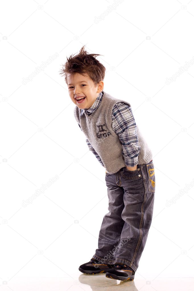 Young European children laughing on white background