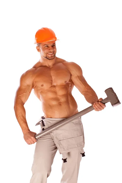 Junge und gutaussehende Bauunternehmerin mit Vorschlaghammer und sexy Körper — Stockfoto