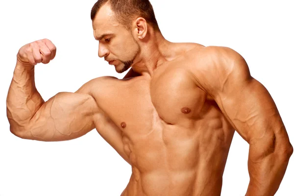 Muskulös manlig bål kroppsbyggare på vit bakgrund — Stockfoto