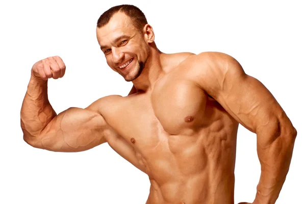 Torso masculino muscular de fisiculturista sobre fundo branco — Fotografia de Stock