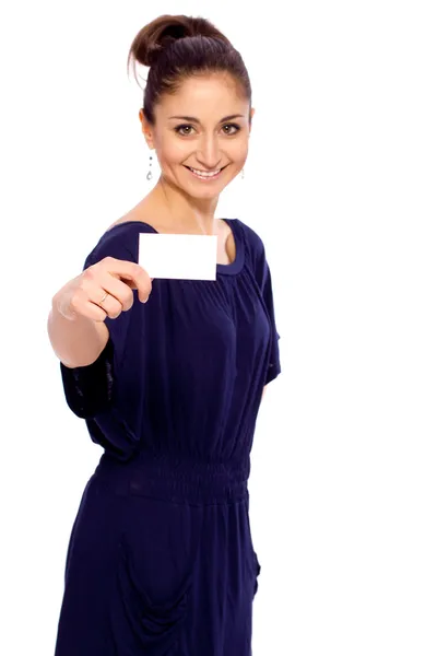 Bright picture of confident woman with business card — Stock Photo, Image