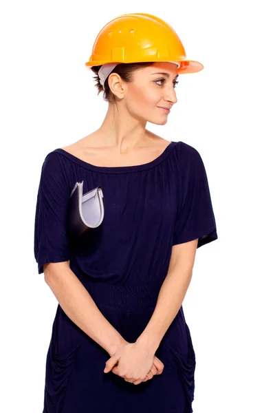 Девушка в шлеме с папкой документов — стоковое фото