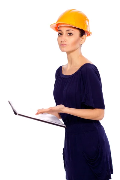 Girl in a helmet with a file of documents — Stock Photo, Image