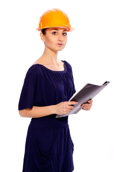 Девушка в шлеме с папкой документов — стоковое фото