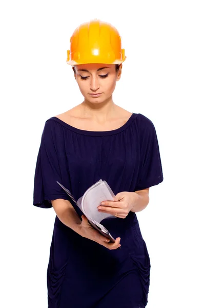 Girl in a helmet with a file of documents — Stock Photo, Image