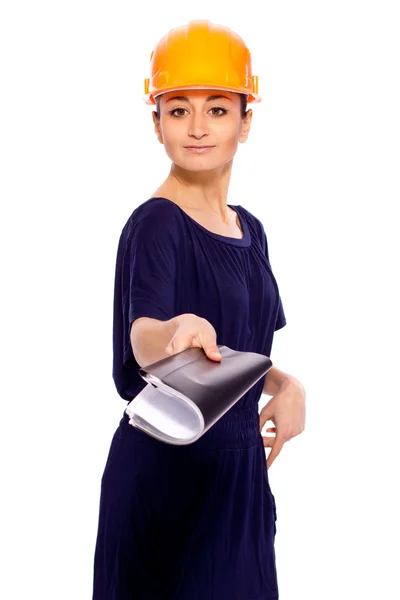 Девушка в шлеме с папкой документов Лицензионные Стоковые Фото