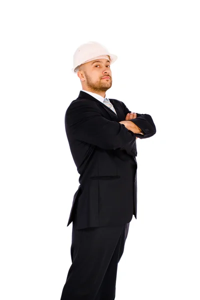 Engenheiro no capacete em um fundo branco — Fotografia de Stock