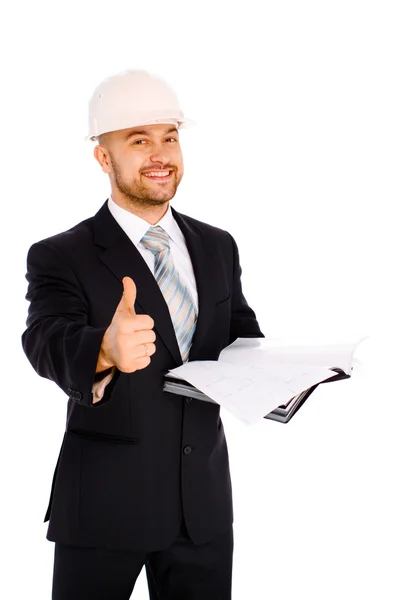 Engenheiro no capacete em um fundo branco — Fotografia de Stock