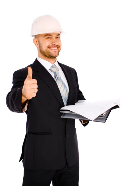 Ingenieur im Helm auf weißem Hintergrund — Stockfoto