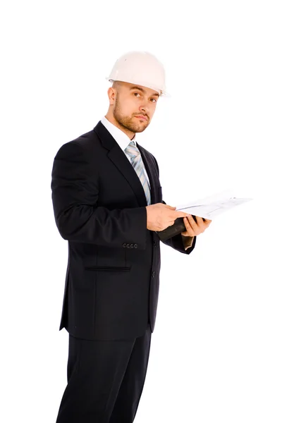 Инженер в шлеме на белом фоне — стоковое фото