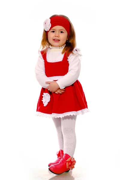 Uma menina em um vestido de malha em um fundo branco — Fotografia de Stock