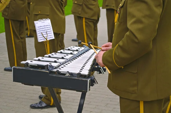 Строить военных музыкантов с инструментами на параде — стоковое фото
