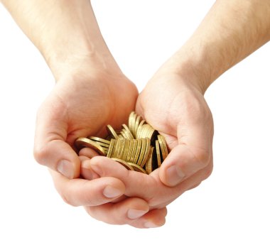 Man hands with coins isolated on white backgroun clipart