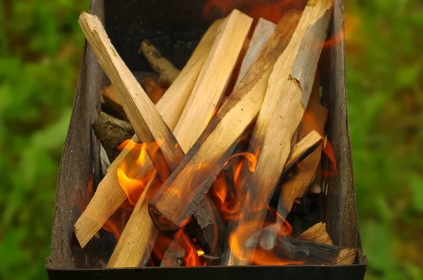 Madera ardiendo en una parrilla de barbacoa —  Fotos de Stock