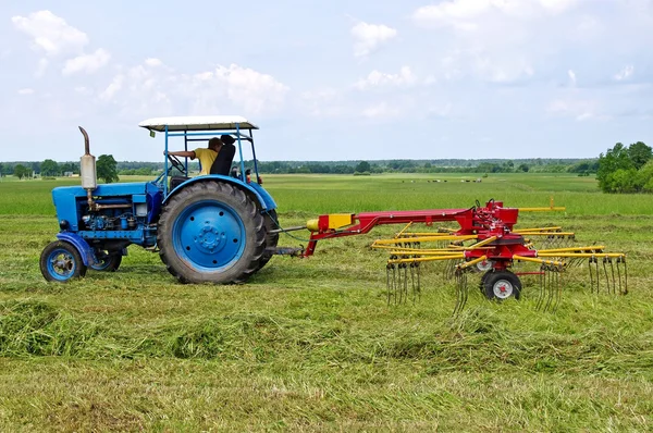 A tractor turning cut hay in a field. — Stock Photo, Image