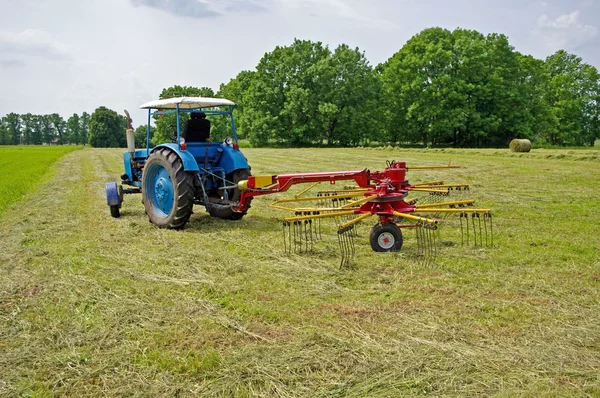 Un trattore e fieno tagliato in un campo — Foto Stock