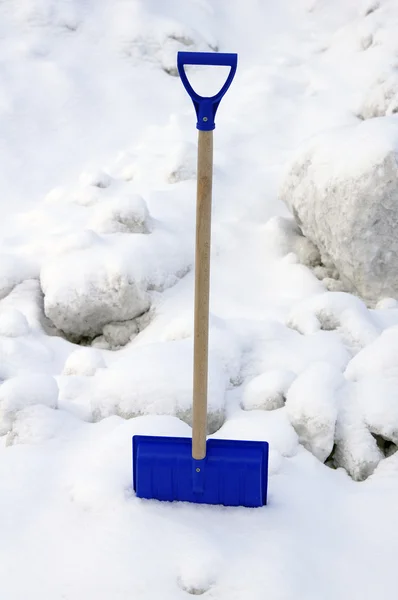 Синяя пластиковая лопата на снегу — стоковое фото