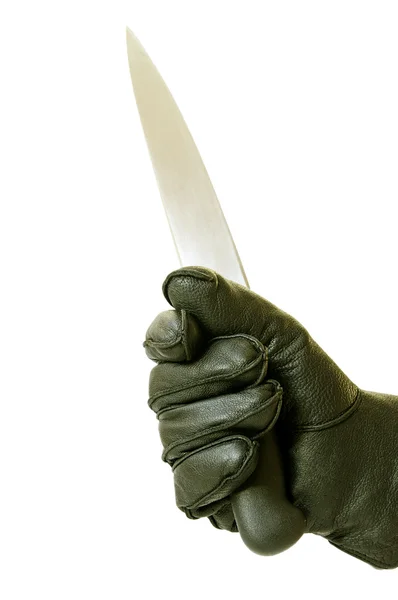 Cuchillo en guante negro aislado en blanco — Foto de Stock
