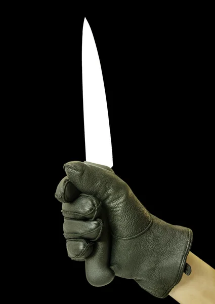 Μαχαίρι στο μαύρο γάντι που απομονώνονται σε λευκό — Φωτογραφία Αρχείου