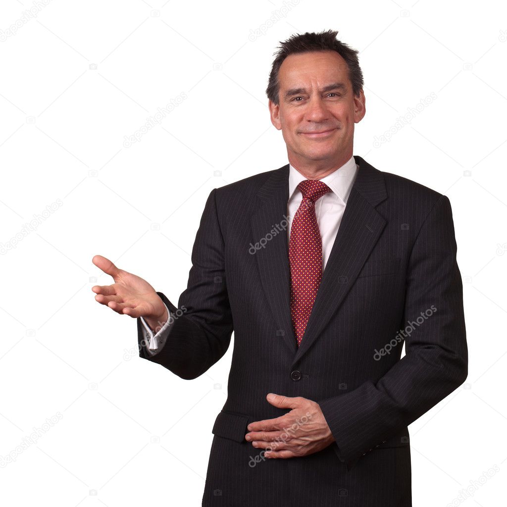 Middle Age Business Man in Suit Smiling and Gesturing Welcome