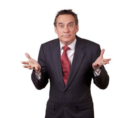 Surprised Middle Age Business Man in Suit with Open Hands clipart