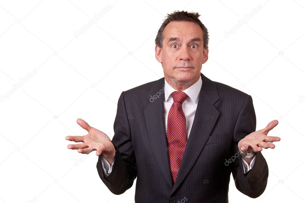 Business Man with Surprised Expression and Open Hands