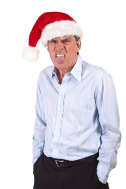 Grumpy Frowning Business Man in Santa Hat sticking out clipart