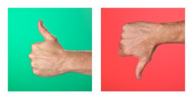 Pair of Thumbs up and Thumbs Down Signs on Green and Red Background clipart