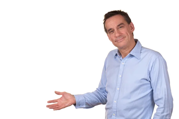 Attractive Smiling Man Pointing Left to Copy Space — Stock Photo, Image