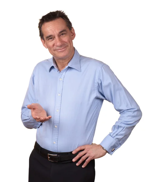 Homem de negócios em camisa azul Segurando uma mão para a frente — Fotografia de Stock
