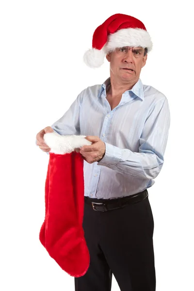 Business Man in Santa Hat Horrified at Christmas Stocking — Stock Photo, Image