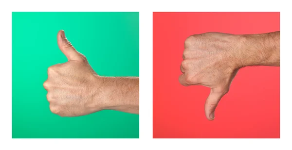 Пара больших пальцев вверх и большие пальцы вниз знаки на зеленом и красном фоне — стоковое фото