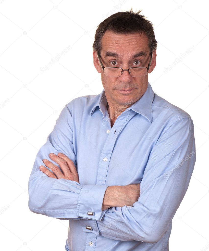 Surprised Irritated Business Man in Blue Shirt with Glasse