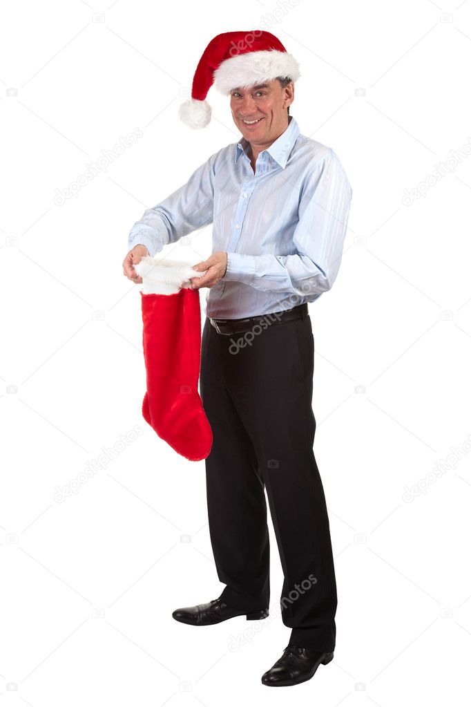 Happy Smiling Business Man in Santa Hat with Stocking