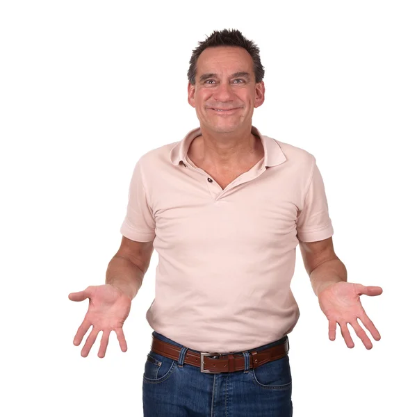 Smiling Man with Cheesy Grin showing hands — Stock Photo, Image