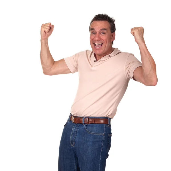 Boldog izgatott férfi ököllel levegő lyukasztó — Stock Fotó