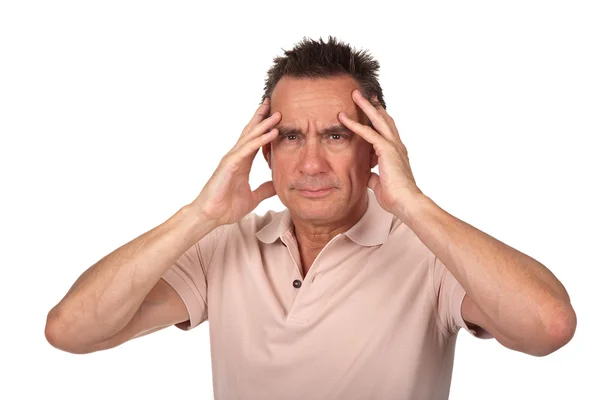 Człowiek z bólem głowy, trzymając głowę w bólu — Zdjęcie stockowe