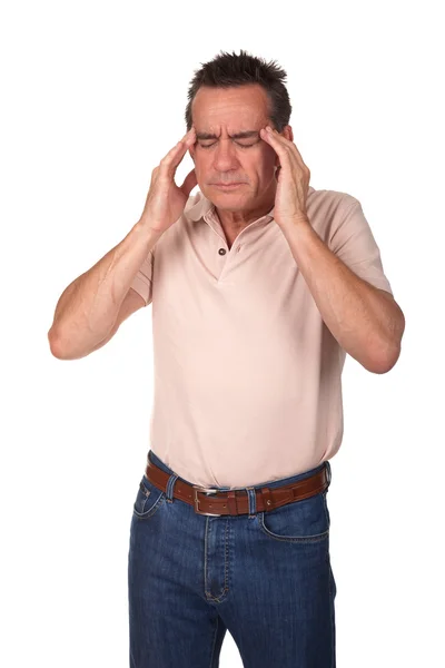 Mężczyzna trzyma głowę w ból z głowy — Zdjęcie stockowe